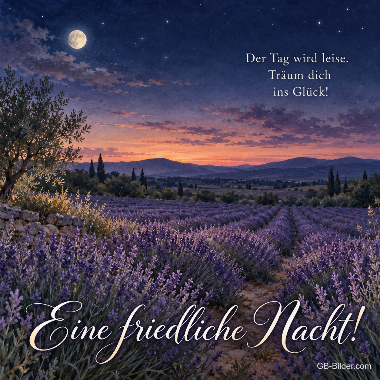 Lavendelfeld in der Dämmerung, Text: Eine friedliche Nacht Lavendelfeld in der Dämmerung, Text: Eine friedliche Nacht