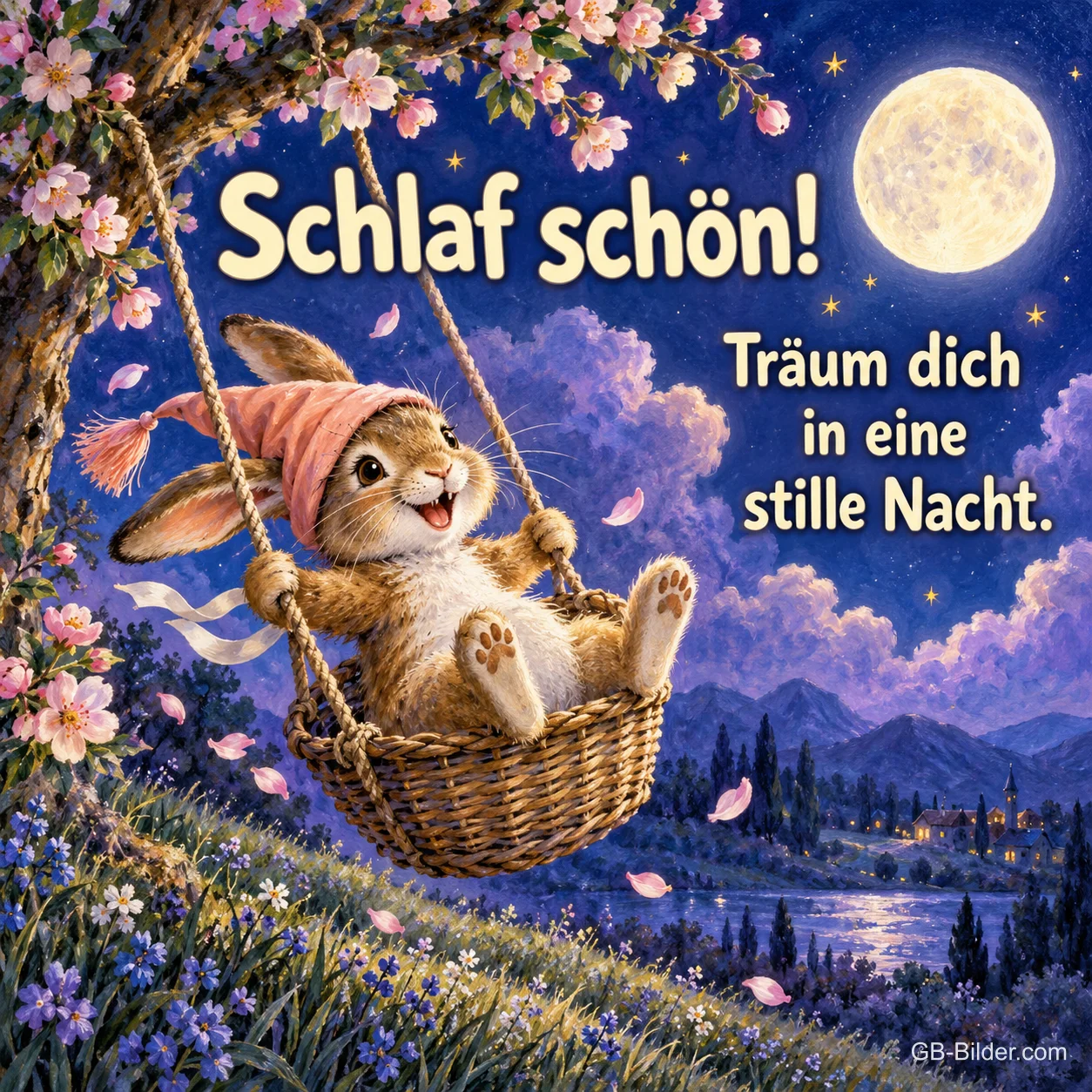 Hase mit Zipfelmütze schaukelt im Korb unter Kirschblüten und Vollmond, Text: Schlaf schön! Träum dich in eine stille Nacht. Hase mit Zipfelmütze schaukelt im Korb unter Kirschblüten und Vollmond, Text: Schlaf schön! Träum dich in eine stille Nacht.