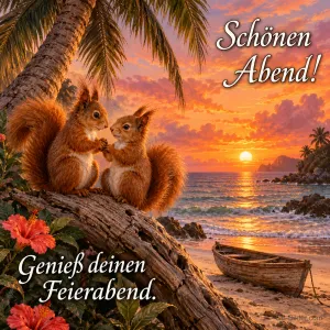 Zwei Eichhörnchen auf einem Ast am Strand bei Sonnenuntergang, Text: Schönen Abend! – Genieß deinen Feierabend.