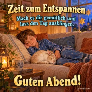 Junge schläft mit Hase auf dem Sofa, Text: Zeit zum Entspannen – Mach es dir gemütlich und lass den Tag ausklingen. Guten Abend!