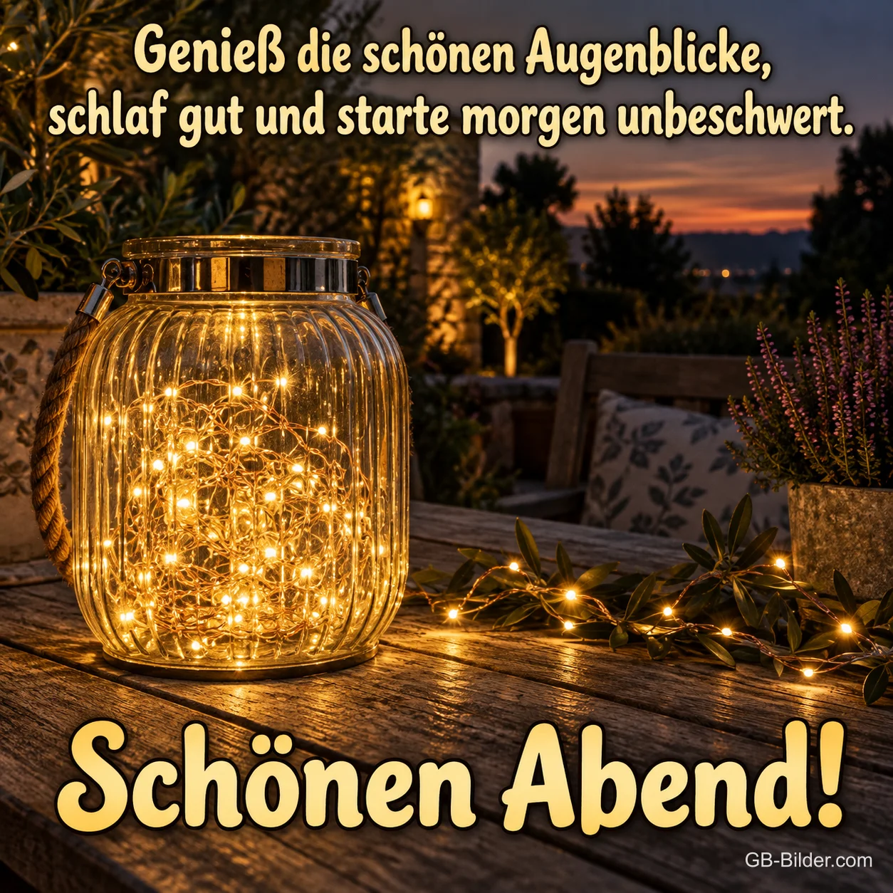 Glas mit Lichterkette auf einer Terrasse, Text: Genieß die schönen Augenblicke, schlaf gut und starte morgen unbeschwert. – Schönen Abend!