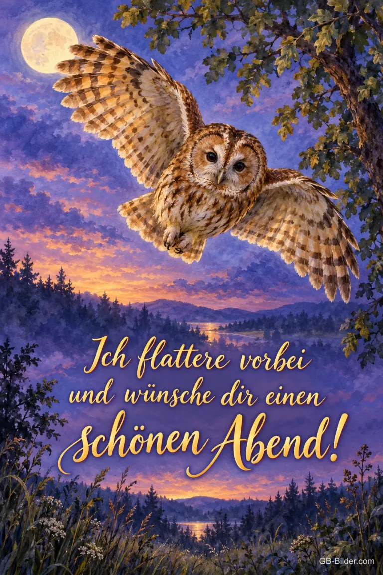 Waldkauz fliegt über einen Abendsee, Text: Ich flattere vorbei – und wünsche dir einen schönen Abend!