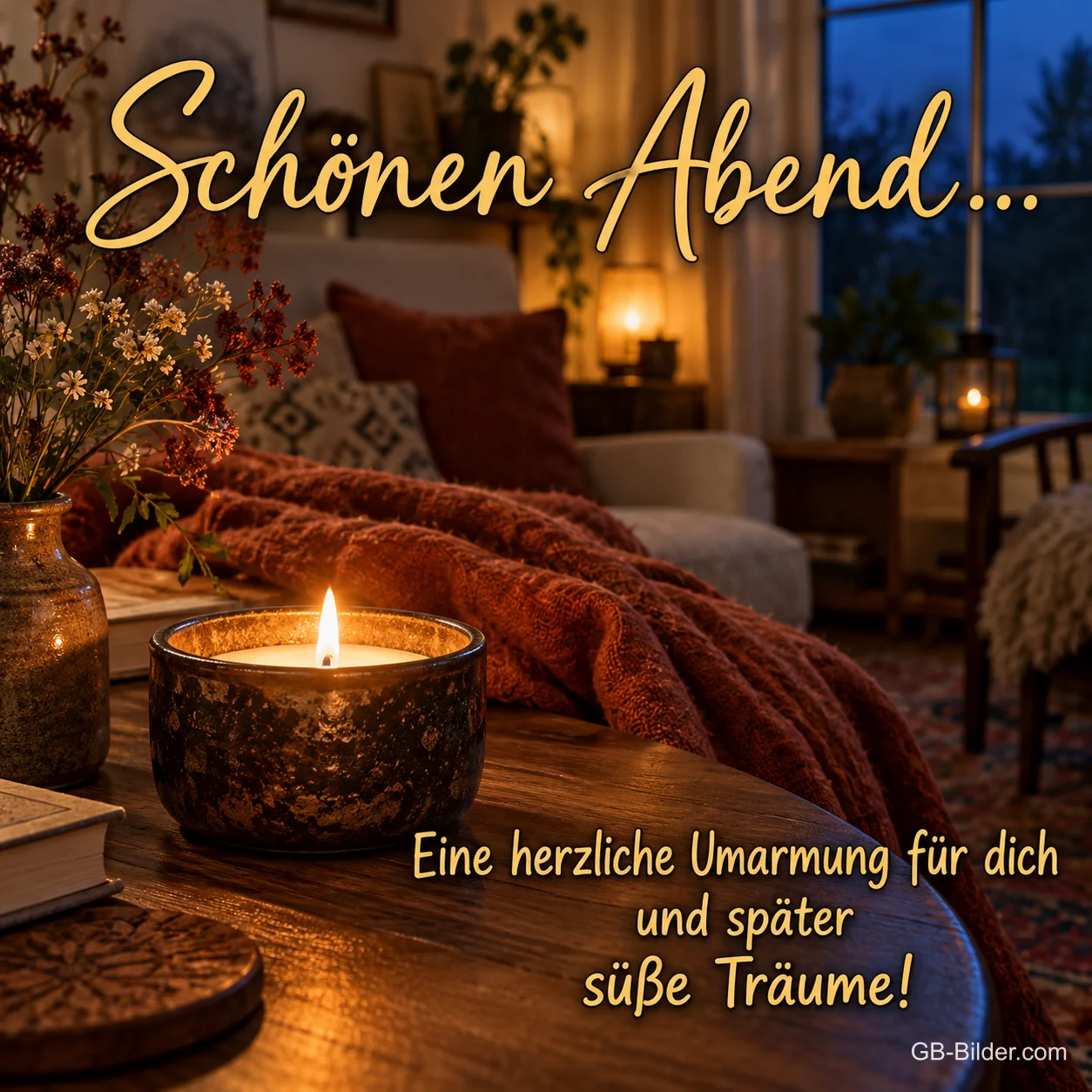Brennende Kerze auf einem Holztisch im gemütlichen Zimmer, Text: Schönen Abend … – Eine herzliche Umarmung für dich und später süße Träume!