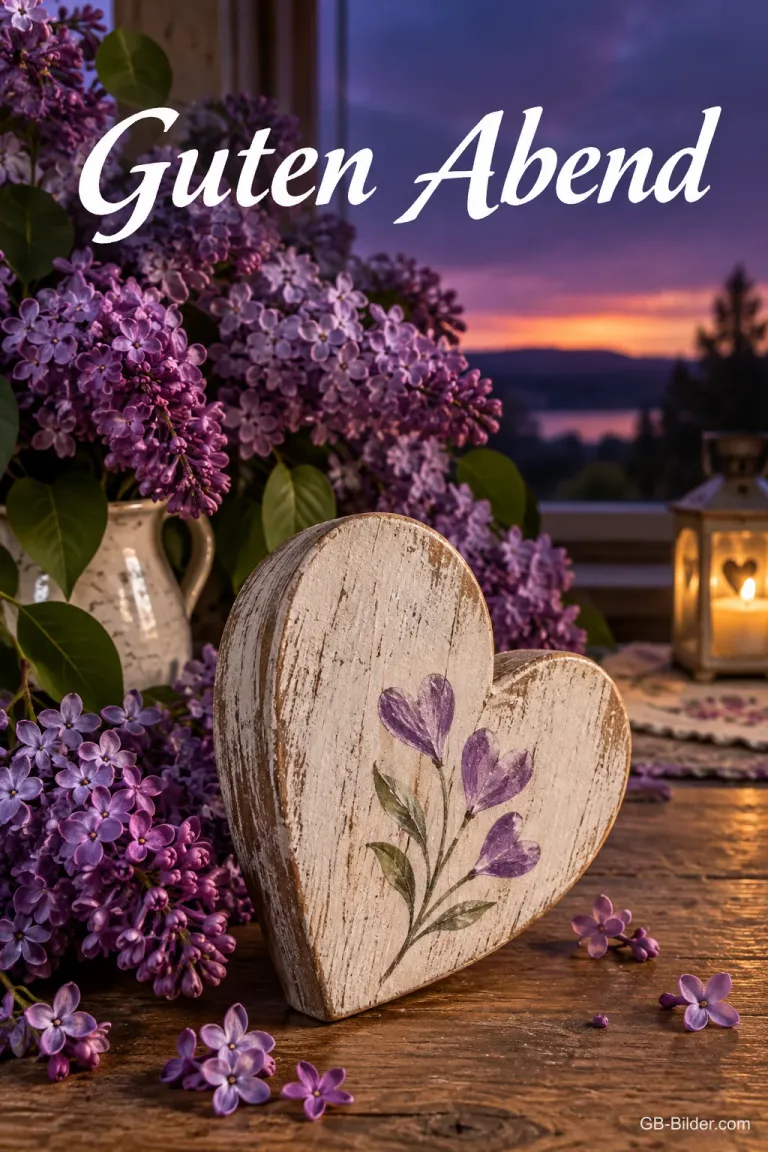 Holzherz mit Blumenmotiv neben Flieder, Text: Guten Abend