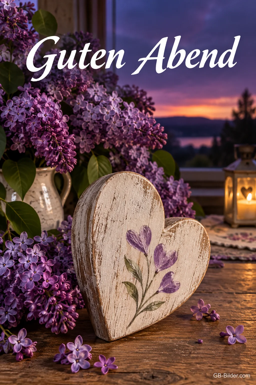 Holzherz mit Blumenmotiv neben Flieder, Text: Guten Abend Holzherz mit Blumenmotiv neben Flieder, Text: Guten Abend