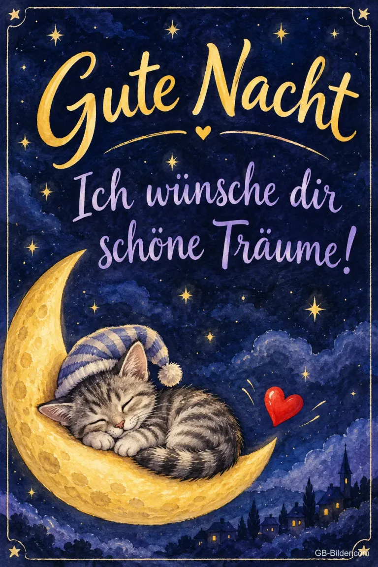 Kätzchen mit Schlafmütze schläft auf einer Mondsichel, Text: Gute Nacht – Ich wünsche dir schöne Träume!