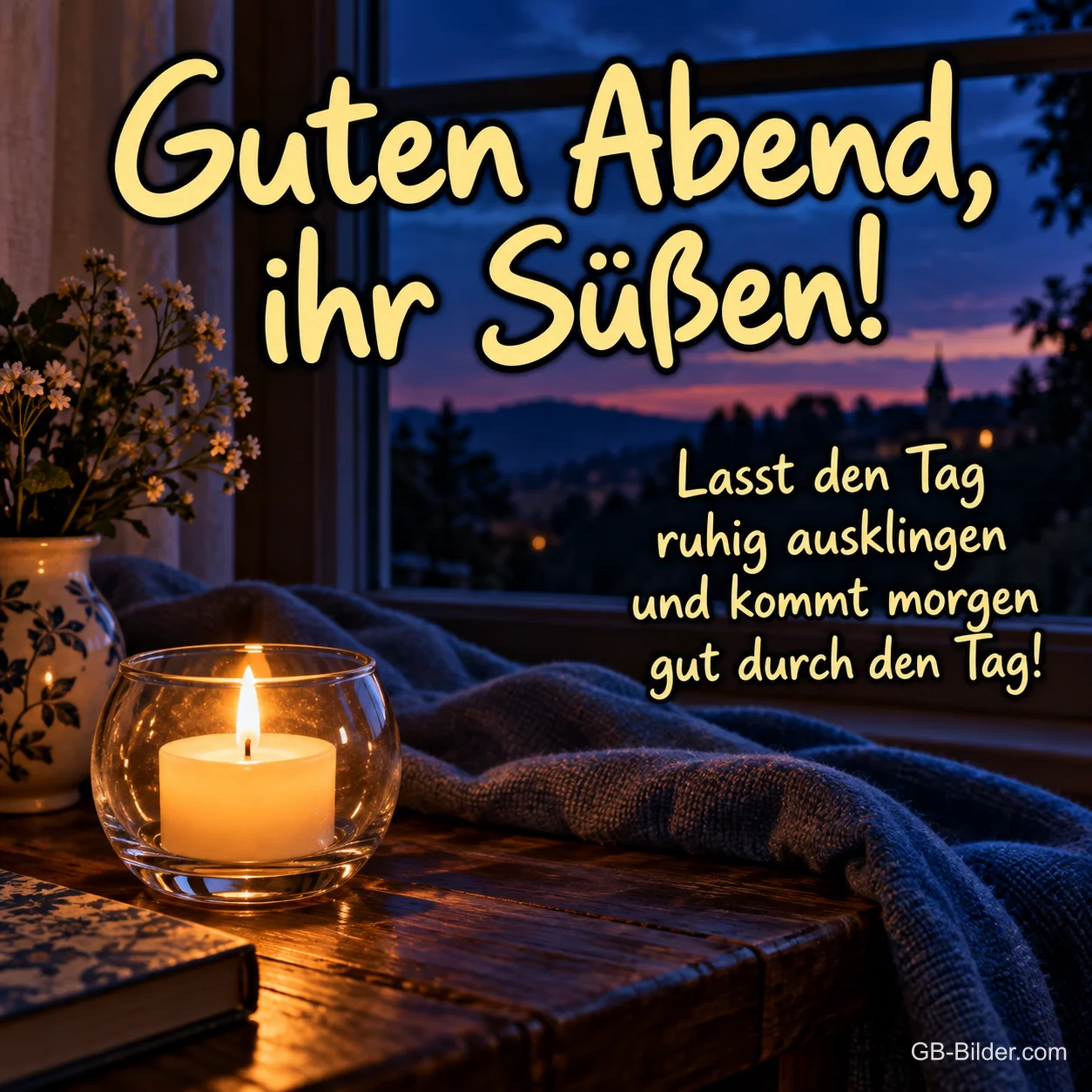 Windlicht auf einer Fensterbank, Text: Guten Abend, ihr Süßen! – Lasst den Tag ruhig ausklingen und kommt morgen gut durch den Tag!