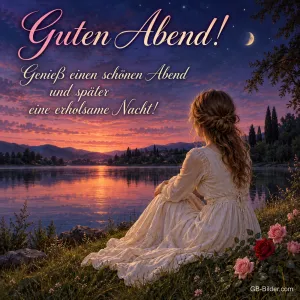 Frau im Kleid sitzt am Ufer eines Sees im Abendrot, Text: Guten Abend! – Genieß einen schönen Abend und später eine erholsame Nacht!