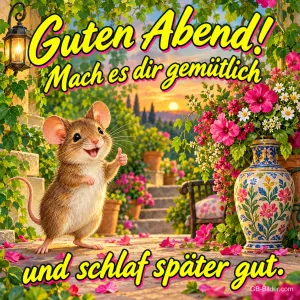 Lachende Maus zeigt Daumen hoch neben einer bemalten Vase im Abendgarten, Text: Guten Abend! Mach es dir gemütlich und schlaf später gut.