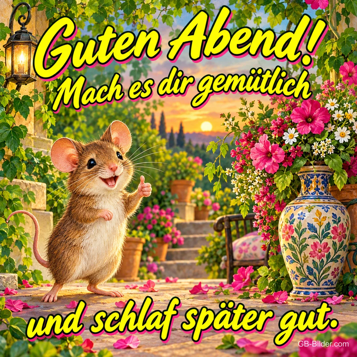 Lachende Maus zeigt Daumen hoch neben einer bemalten Vase im Abendgarten, Text: Guten Abend! Mach es dir gemütlich und schlaf später gut. Lachende Maus zeigt Daumen hoch neben einer bemalten Vase im Abendgarten, Text: Guten Abend! Mach es dir gemütlich und schlaf später gut.