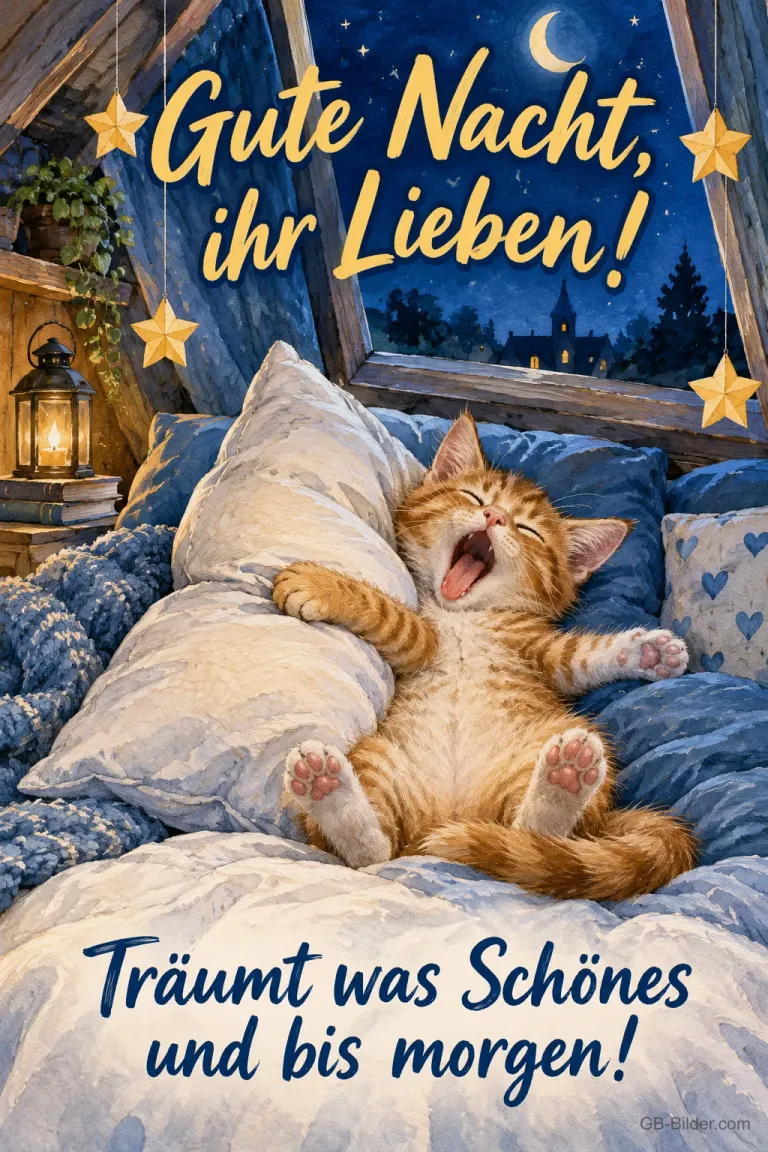 Rotes Kätzchen liegt gähnend auf dem Rücken im Bett, Text: Gute Nacht, ihr Lieben! Träumt was Schönes und bis morgen!