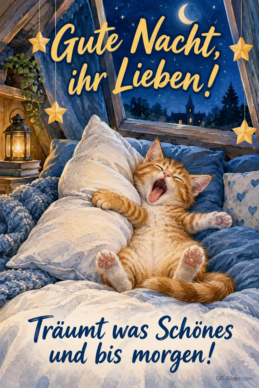 Rotes Kätzchen liegt gähnend auf dem Rücken im Bett, Text: Gute Nacht, ihr Lieben! Träumt was Schönes und bis morgen! Rotes Kätzchen liegt gähnend auf dem Rücken im Bett, Text: Gute Nacht, ihr Lieben! Träumt was Schönes und bis morgen!
