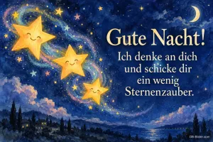 Drei lächelnde Sterne fliegen über den Nachthimmel, Text: Gute Nacht! Ich denke an dich und schicke dir ein wenig Sternenzauber.