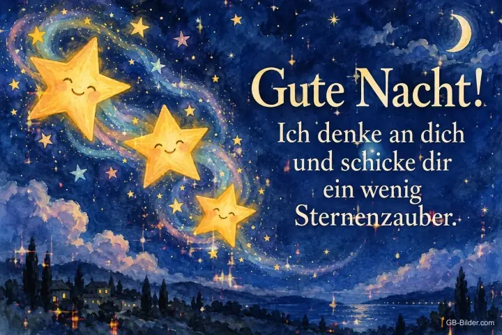 Drei lächelnde Sterne fliegen über den Nachthimmel, Text: Gute Nacht! Ich denke an dich und schicke dir ein wenig Sternenzauber. Drei lächelnde Sterne fliegen über den Nachthimmel, Text: Gute Nacht! Ich denke an dich und schicke dir ein wenig Sternenzauber.