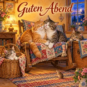 Katzen kuscheln im Schaukelstuhl, Kätzchen im Korb, Text: Guten Abend