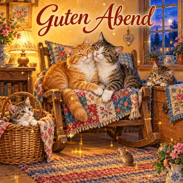 Katzen kuscheln im Schaukelstuhl, Kätzchen im Korb, Text: Guten Abend Katzen kuscheln im Schaukelstuhl, Kätzchen im Korb, Text: Guten Abend