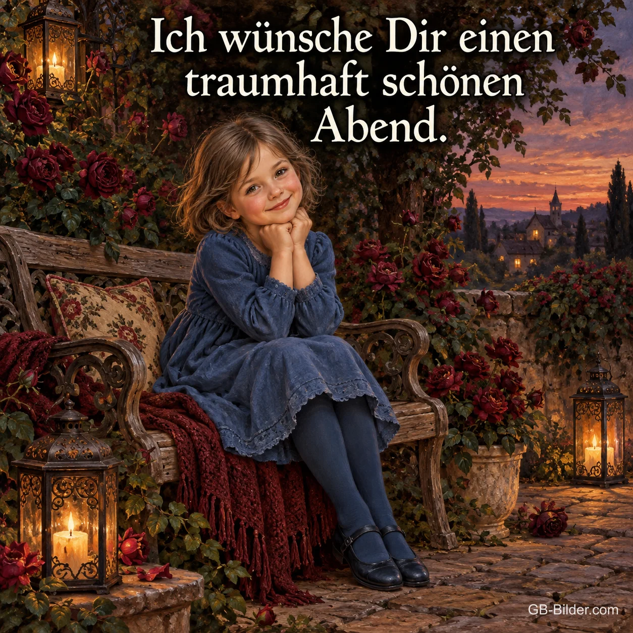 Lächelndes Mädchen auf einer Bank zwischen Rosen und Laternen, Text: Ich wünsche dir einen traumhaft schönen Abend. Lächelndes Mädchen auf einer Bank zwischen Rosen und Laternen, Text: Ich wünsche dir einen traumhaft schönen Abend.