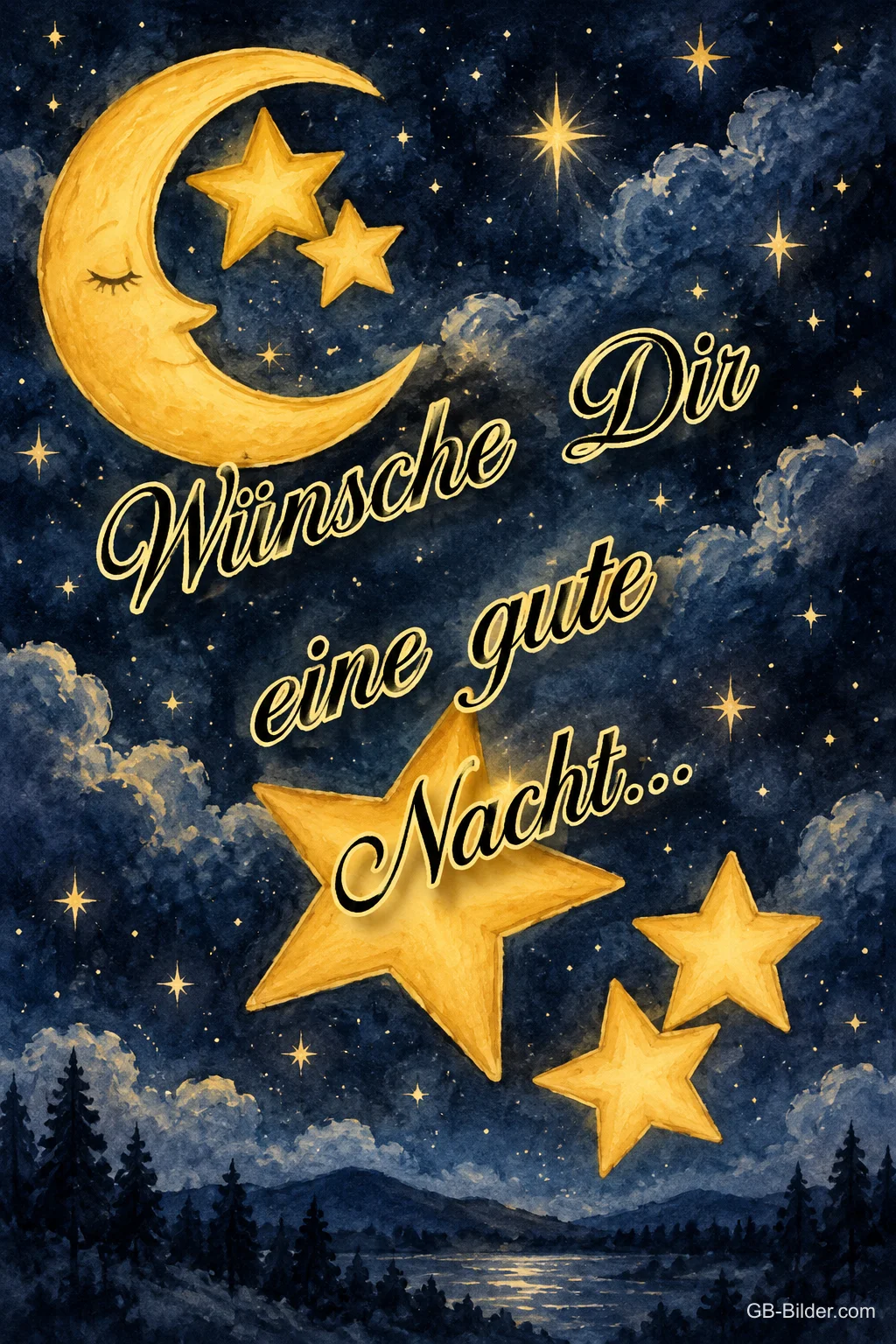Mondsichel und goldene Sterne, Text: Wünsche Dir eine gute Nacht