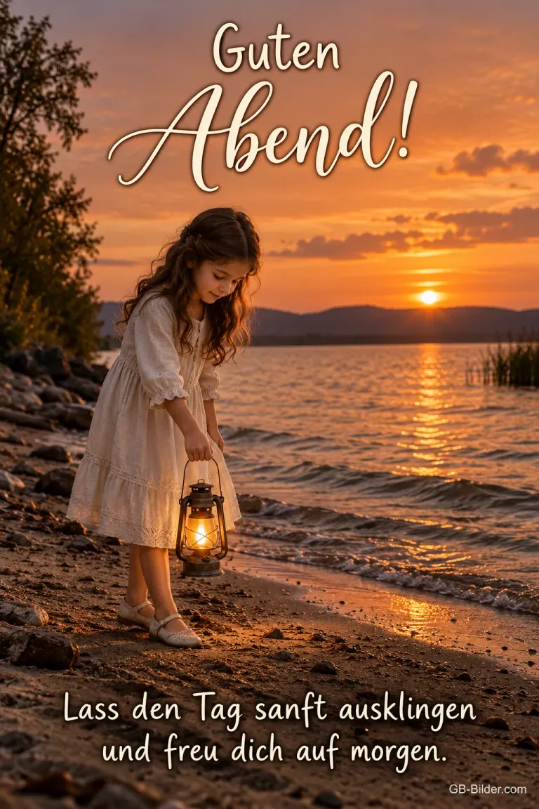 Mädchen mit Laterne am Strand bei Sonnenuntergang, Text: Guten Abend! – Lass den Tag sanft ausklingen und freu dich auf morgen.