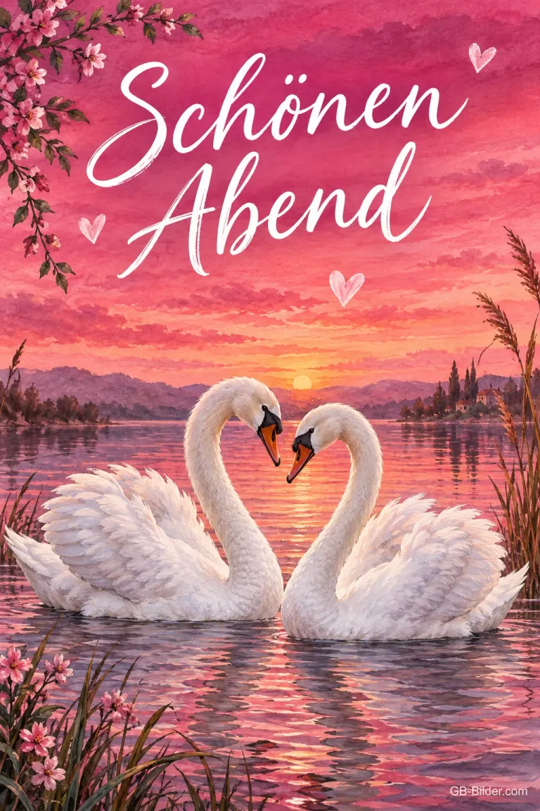 Zwei Schwäne bilden ein Herz auf einem See, Text: Schönen Abend