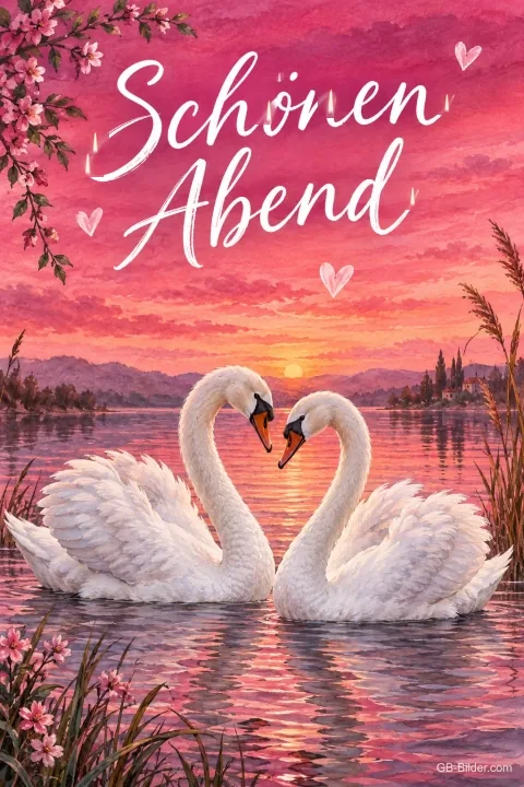 Zwei Schwäne bilden ein Herz auf einem See, Text: Schönen Abend
