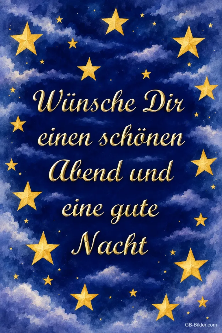 Goldene Sterne auf dunkelblauem Nachthimmel, Text: Wünsche Dir einen schönen Abend und eine gute Nacht
