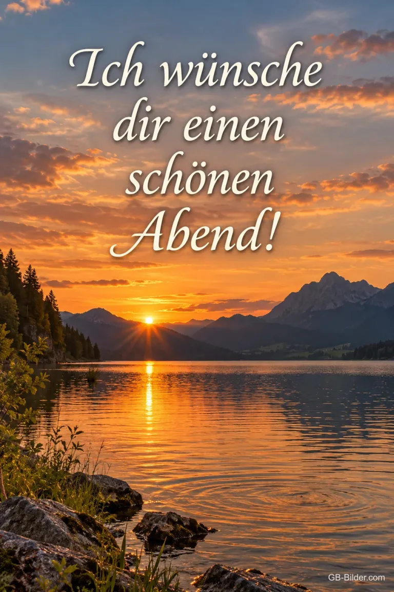 Sonnenuntergang über einem Bergsee, Text: Ich wünsche dir einen schönen Abend!