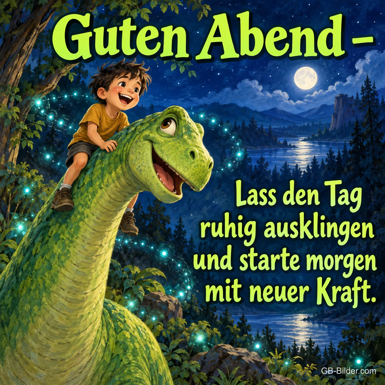 Junge reitet lachend auf einem grünen Dinosaurier am nächtlichen See, Text: Guten Abend – Lass den Tag ruhig ausklingen und starte morgen mit neuer Kraft. Junge reitet lachend auf einem grünen Dinosaurier am nächtlichen See, Text: Guten Abend – Lass den Tag ruhig ausklingen und starte morgen mit neuer Kraft.