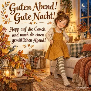 Lachendes Mädchen in Latzkleid im herbstlichen Wohnzimmer, Text: Guten Abend! Gute Nacht! – Hopp auf die Couch und mach dir einen gemütlichen Abend!