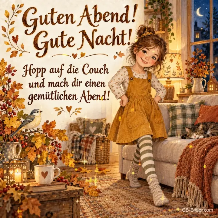 Lachendes Mädchen in Latzkleid im herbstlichen Wohnzimmer, Text: Guten Abend! Gute Nacht! – Hopp auf die Couch und mach dir einen gemütlichen Abend! Lachendes Mädchen in Latzkleid im herbstlichen Wohnzimmer, Text: Guten Abend! Gute Nacht! – Hopp auf die Couch und mach dir einen gemütlichen Abend!