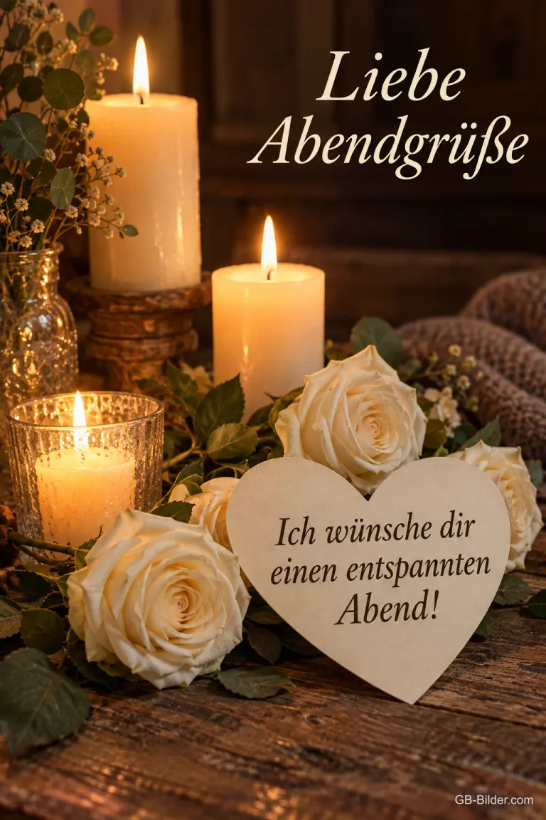 Weiße Rosen, Kerzen und Holzherz, Text: Liebe Abendgrüße – Ich wünsche dir einen entspannten Abend!