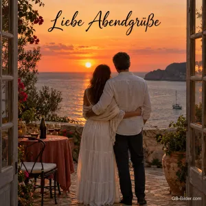 Paar umarmt sich an einer Terrasse über dem Meer, Text: Liebe Abendgrüße