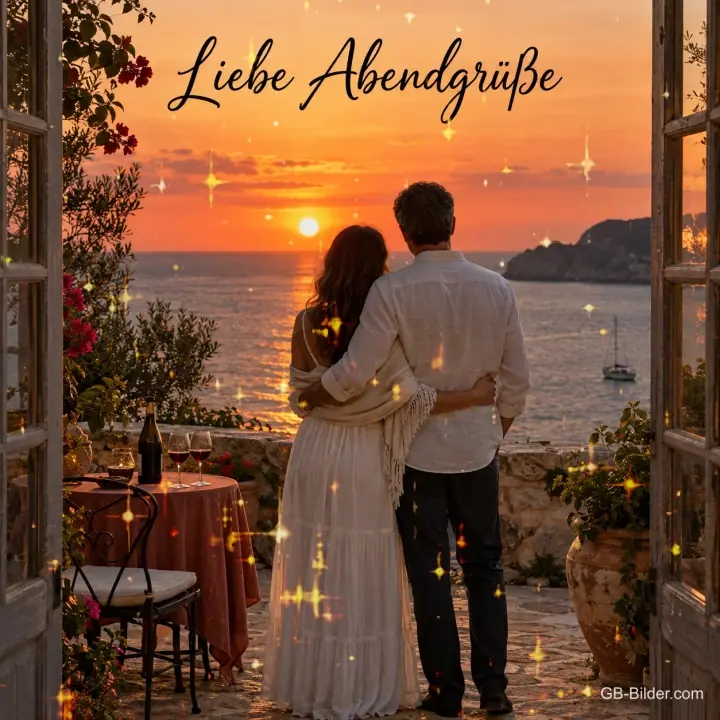Paar umarmt sich an einer Terrasse über dem Meer, Text: Liebe Abendgrüße Paar umarmt sich an einer Terrasse über dem Meer, Text: Liebe Abendgrüße