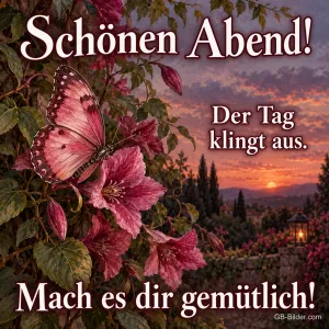 Rosa Schmetterling auf Blüten über einer Abendlandschaft, Text: Schönen Abend! – Der Tag klingt aus. Mach es dir gemütlich!