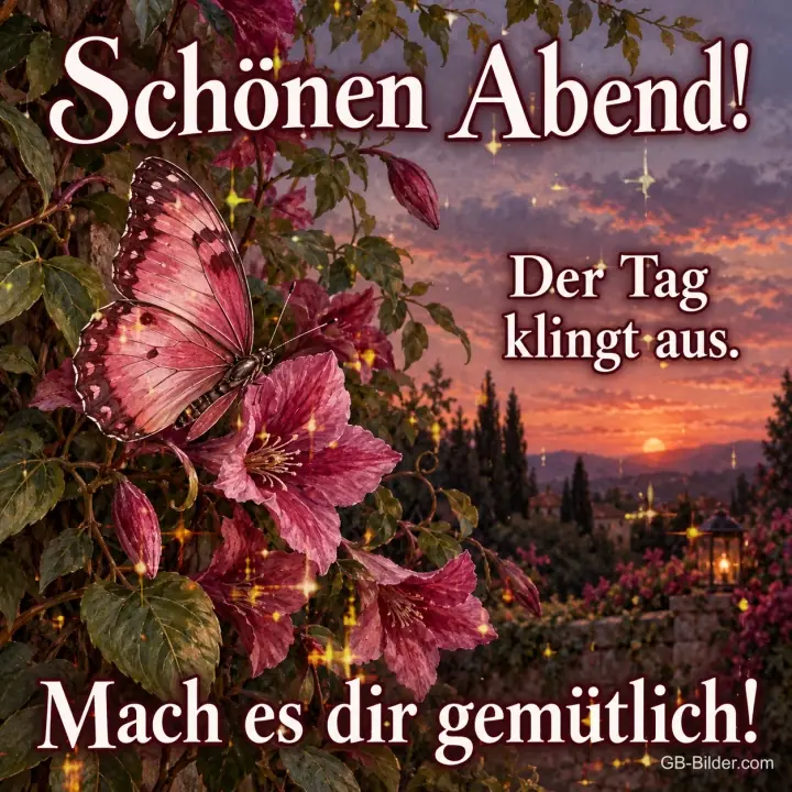 Rosa Schmetterling auf Blüten über einer Abendlandschaft, Text: Schönen Abend! – Der Tag klingt aus. Mach es dir gemütlich! Rosa Schmetterling auf Blüten über einer Abendlandschaft, Text: Schönen Abend! – Der Tag klingt aus. Mach es dir gemütlich!