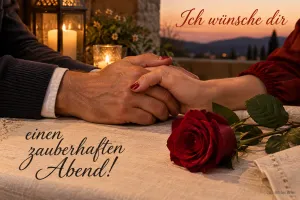 Zwei Hände halten sich bei Kerzenlicht neben einer roten Rose, Text: Ich wünsche dir – einen zauberhaften Abend!