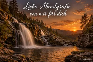 Wasserfall im Abendrot, Text: Liebe Abendgrüße – von mir für dich