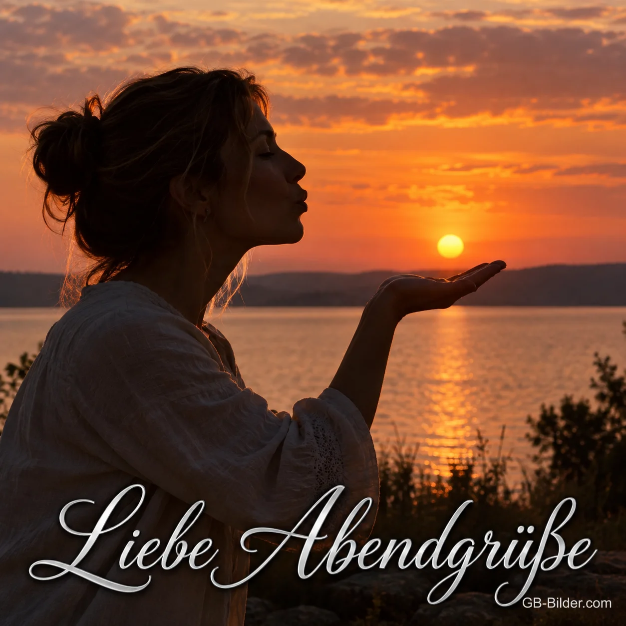 Frau pustet einen Kuss zur untergehenden Sonne über dem See, Text: Liebe Abendgrüße Frau pustet einen Kuss zur untergehenden Sonne über dem See, Text: Liebe Abendgrüße