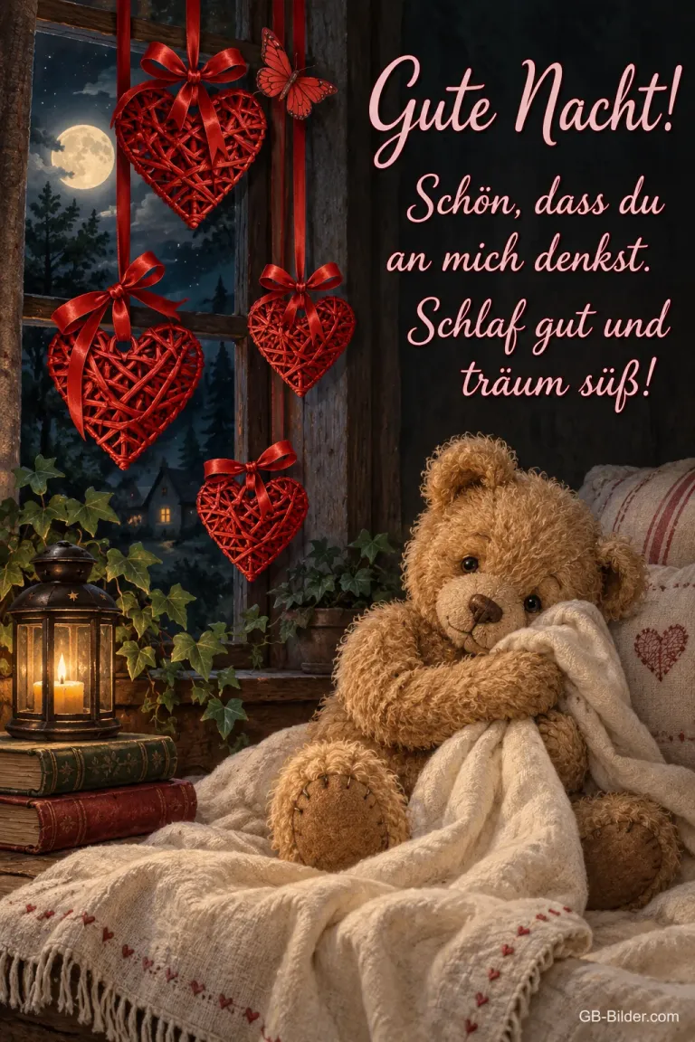 Teddybär kuschelt mit einer Decke unter hängenden roten Herzen, Text: Gute Nacht! Schön, dass du an mich denkst. Schlaf gut und träum süß!