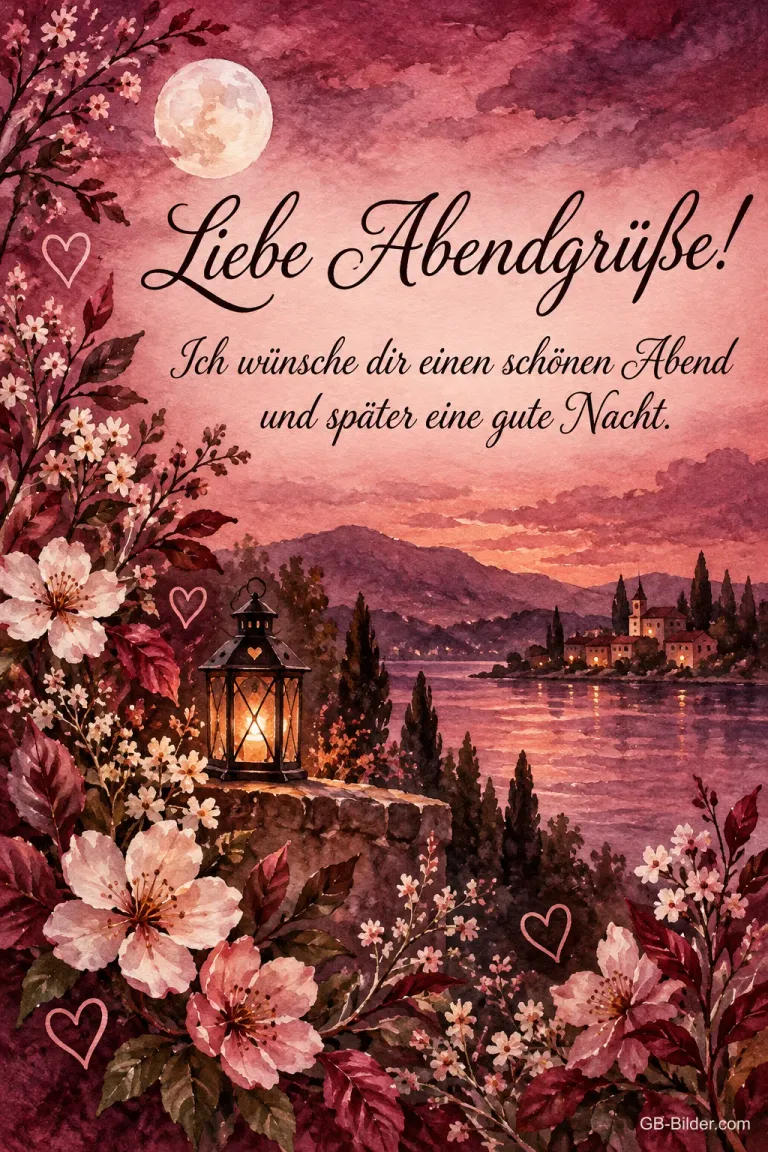 Blüten und Laterne über einem See bei Vollmond, Text: Liebe Abendgrüße! – Ich wünsche dir einen schönen Abend und später eine gute Nacht.