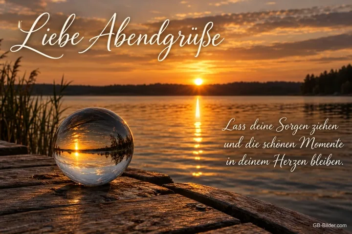 Glaskugel auf einem Steg im Sonnenuntergang, Text: Liebe Abendgrüße – Lass deine Sorgen ziehen und die schönen Momente in deinem Herzen bleiben. Glaskugel auf einem Steg im Sonnenuntergang, Text: Liebe Abendgrüße – Lass deine Sorgen ziehen und die schönen Momente in deinem Herzen bleiben.