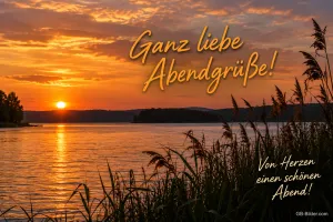 Schilf am See im Sonnenuntergang, Text: Ganz liebe Abendgrüße! – Von Herzen einen schönen Abend!