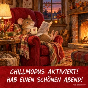 Maus liest Zeitung im roten Sessel am Kamin, Text: CHILLMODUS AKTIVIERT! – HAB EINEN SCHÖNEN ABEND!