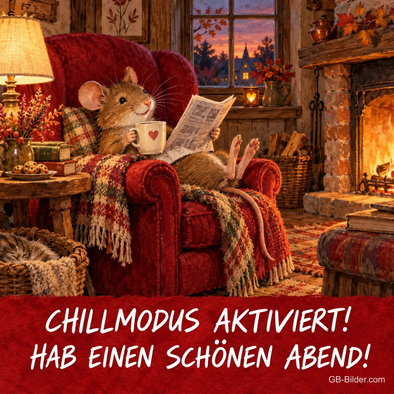 Maus liest Zeitung im roten Sessel am Kamin, Text: CHILLMODUS AKTIVIERT! – HAB EINEN SCHÖNEN ABEND! Maus liest Zeitung im roten Sessel am Kamin, Text: CHILLMODUS AKTIVIERT! – HAB EINEN SCHÖNEN ABEND!