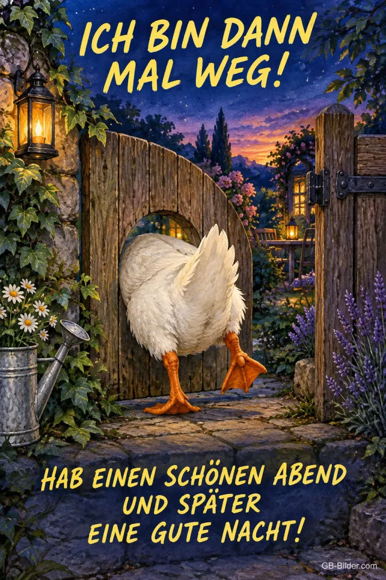 Gans verschwindet durch ein Gartentor, Text: ICH BIN DANN MAL WEG! – HAB EINEN SCHÖNEN ABEND UND SPÄTER EINE GUTE NACHT!