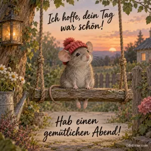 Maus mit Mütze sitzt auf einer Holzschaukel im Garten, Text: Ich hoffe, dein Tag war schön! – Hab einen gemütlichen Abend!