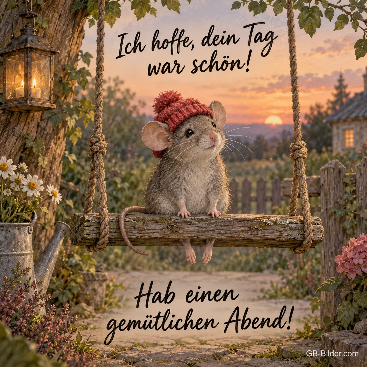 Maus mit Mütze sitzt auf einer Holzschaukel im Garten, Text: Ich hoffe, dein Tag war schön! – Hab einen gemütlichen Abend! Maus mit Mütze sitzt auf einer Holzschaukel im Garten, Text: Ich hoffe, dein Tag war schön! – Hab einen gemütlichen Abend!