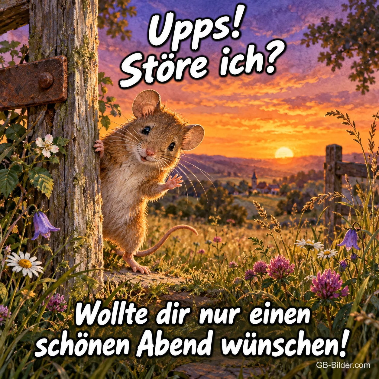 Maus schaut hinter einem Pfosten hervor, Text: Upps! Störe ich? – Wollte dir nur einen schönen Abend wünschen! Maus schaut hinter einem Pfosten hervor, Text: Upps! Störe ich? – Wollte dir nur einen schönen Abend wünschen!