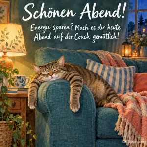 Tigerkatze liegt schlafend über der Sofalehne, Text: Schönen Abend! – Energie sparen? Mach es dir heute Abend auf der Couch gemütlich!
