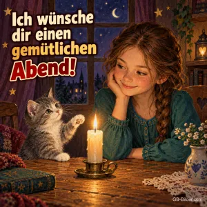Mädchen und Kätzchen am Tisch bei Kerzenlicht, Text: Ich wünsche dir einen gemütlichen Abend!
